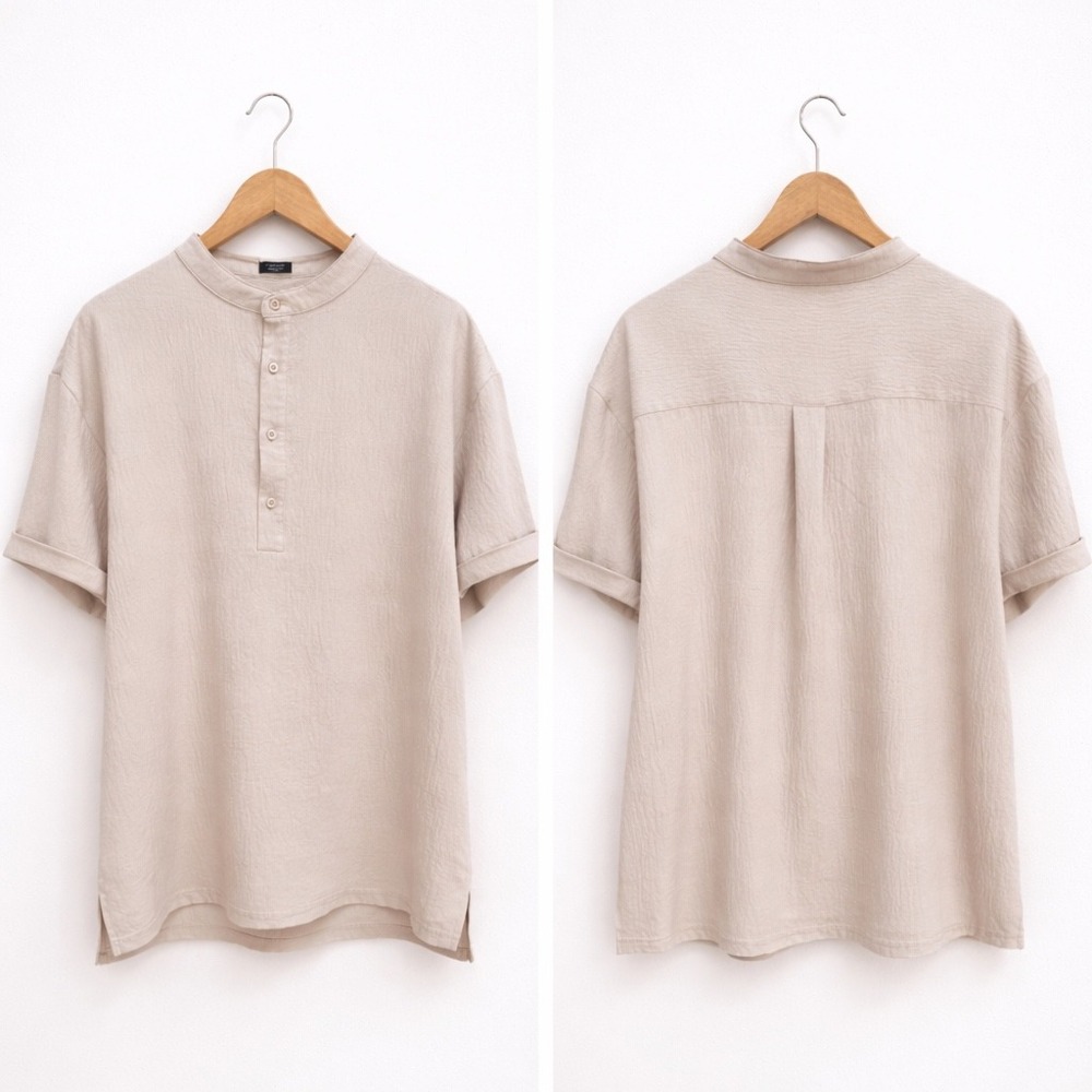 Coofandy Mens XL Beige Textured Henley Shirt Band Collar Short Sleeve Casual Top